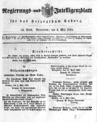 Regierungs- und Intelligenzblatt für das Herzogtum Coburg (Coburger Regierungs-Blatt) Samstag 4. Mai 1861