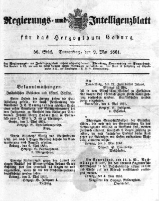 Regierungs- und Intelligenzblatt für das Herzogtum Coburg (Coburger Regierungs-Blatt) Donnerstag 9. Mai 1861