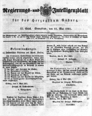 Regierungs- und Intelligenzblatt für das Herzogtum Coburg (Coburger Regierungs-Blatt) Samstag 11. Mai 1861