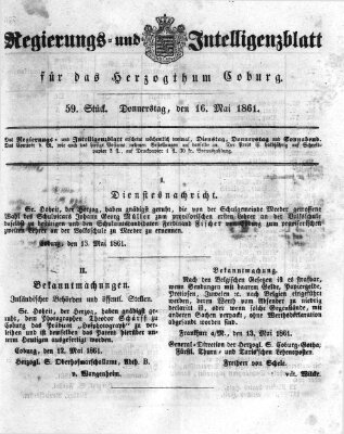 Regierungs- und Intelligenzblatt für das Herzogtum Coburg (Coburger Regierungs-Blatt) Donnerstag 16. Mai 1861