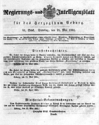 Regierungs- und Intelligenzblatt für das Herzogtum Coburg (Coburger Regierungs-Blatt) Dienstag 21. Mai 1861