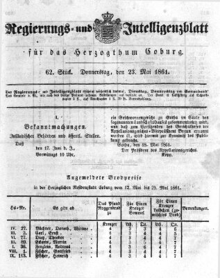 Regierungs- und Intelligenzblatt für das Herzogtum Coburg (Coburger Regierungs-Blatt) Donnerstag 23. Mai 1861