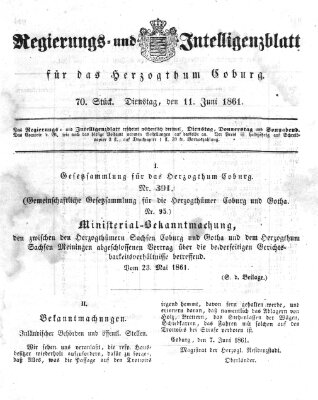 Regierungs- und Intelligenzblatt für das Herzogtum Coburg (Coburger Regierungs-Blatt) Dienstag 11. Juni 1861