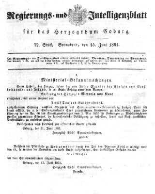 Regierungs- und Intelligenzblatt für das Herzogtum Coburg (Coburger Regierungs-Blatt) Samstag 15. Juni 1861