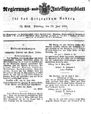 Regierungs- und Intelligenzblatt für das Herzogtum Coburg (Coburger Regierungs-Blatt) Dienstag 18. Juni 1861