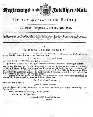 Regierungs- und Intelligenzblatt für das Herzogtum Coburg (Coburger Regierungs-Blatt) Donnerstag 20. Juni 1861