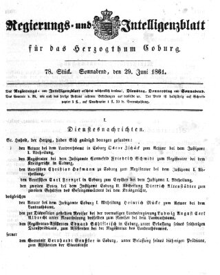 Regierungs- und Intelligenzblatt für das Herzogtum Coburg (Coburger Regierungs-Blatt) Samstag 29. Juni 1861