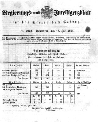 Regierungs- und Intelligenzblatt für das Herzogtum Coburg (Coburger Regierungs-Blatt) Samstag 13. Juli 1861