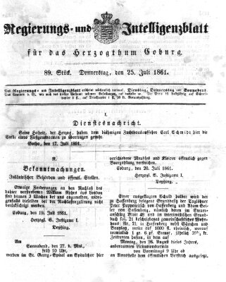 Regierungs- und Intelligenzblatt für das Herzogtum Coburg (Coburger Regierungs-Blatt) Donnerstag 25. Juli 1861