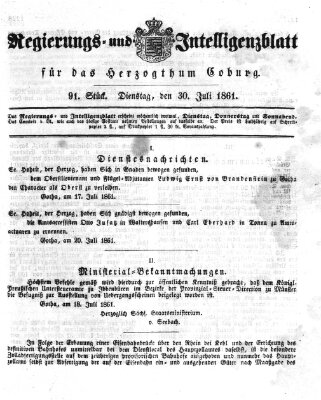 Regierungs- und Intelligenzblatt für das Herzogtum Coburg (Coburger Regierungs-Blatt) Dienstag 30. Juli 1861