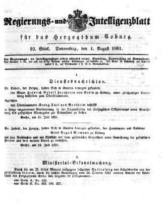 Regierungs- und Intelligenzblatt für das Herzogtum Coburg (Coburger Regierungs-Blatt) Donnerstag 1. August 1861