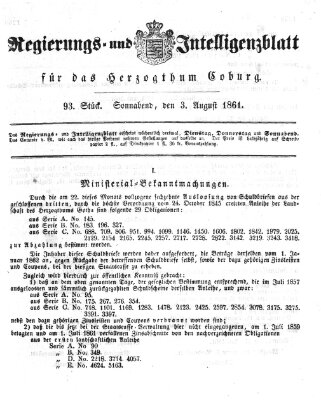 Regierungs- und Intelligenzblatt für das Herzogtum Coburg (Coburger Regierungs-Blatt) Samstag 3. August 1861