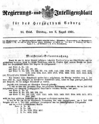 Regierungs- und Intelligenzblatt für das Herzogtum Coburg (Coburger Regierungs-Blatt) Dienstag 6. August 1861