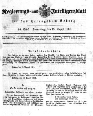 Regierungs- und Intelligenzblatt für das Herzogtum Coburg (Coburger Regierungs-Blatt) Donnerstag 15. August 1861