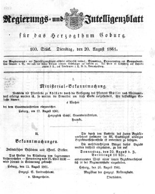 Regierungs- und Intelligenzblatt für das Herzogtum Coburg (Coburger Regierungs-Blatt) Dienstag 20. August 1861