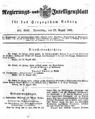 Regierungs- und Intelligenzblatt für das Herzogtum Coburg (Coburger Regierungs-Blatt) Donnerstag 22. August 1861