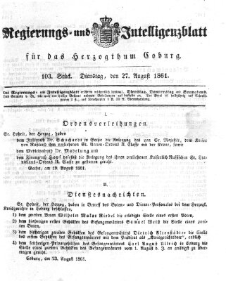 Regierungs- und Intelligenzblatt für das Herzogtum Coburg (Coburger Regierungs-Blatt) Dienstag 27. August 1861