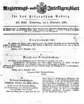 Regierungs- und Intelligenzblatt für das Herzogtum Coburg (Coburger Regierungs-Blatt) Donnerstag 5. September 1861