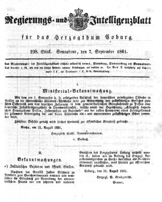 Regierungs- und Intelligenzblatt für das Herzogtum Coburg (Coburger Regierungs-Blatt) Samstag 7. September 1861