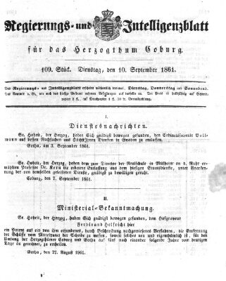 Regierungs- und Intelligenzblatt für das Herzogtum Coburg (Coburger Regierungs-Blatt) Dienstag 10. September 1861