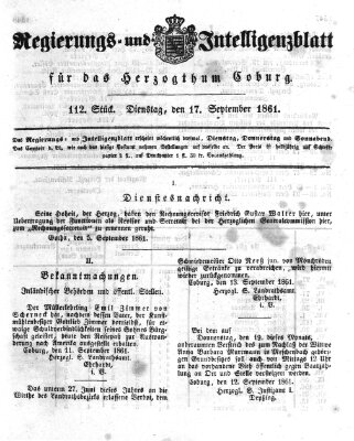 Regierungs- und Intelligenzblatt für das Herzogtum Coburg (Coburger Regierungs-Blatt) Dienstag 17. September 1861