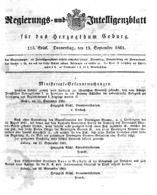 Regierungs- und Intelligenzblatt für das Herzogtum Coburg (Coburger Regierungs-Blatt) Donnerstag 19. September 1861