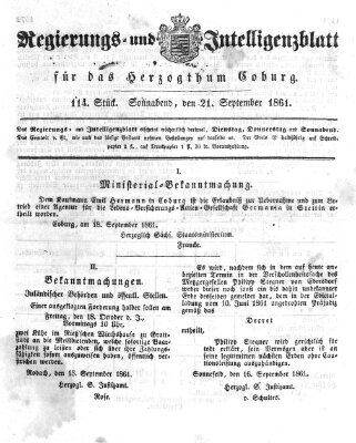 Regierungs- und Intelligenzblatt für das Herzogtum Coburg (Coburger Regierungs-Blatt) Samstag 21. September 1861