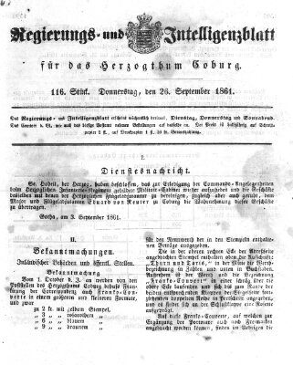 Regierungs- und Intelligenzblatt für das Herzogtum Coburg (Coburger Regierungs-Blatt) Donnerstag 26. September 1861