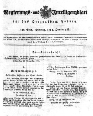 Regierungs- und Intelligenzblatt für das Herzogtum Coburg (Coburger Regierungs-Blatt) Dienstag 1. Oktober 1861