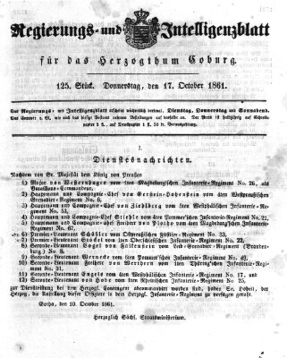 Regierungs- und Intelligenzblatt für das Herzogtum Coburg (Coburger Regierungs-Blatt) Donnerstag 17. Oktober 1861