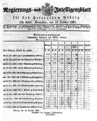 Regierungs- und Intelligenzblatt für das Herzogtum Coburg (Coburger Regierungs-Blatt) Samstag 19. Oktober 1861