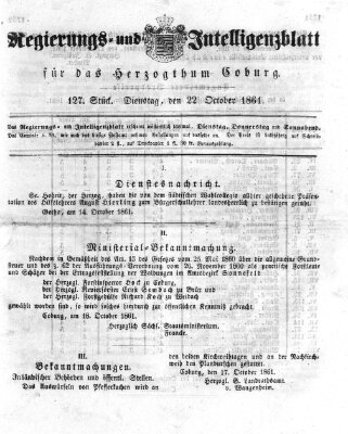 Regierungs- und Intelligenzblatt für das Herzogtum Coburg (Coburger Regierungs-Blatt) Dienstag 22. Oktober 1861