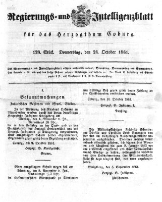 Regierungs- und Intelligenzblatt für das Herzogtum Coburg (Coburger Regierungs-Blatt) Donnerstag 24. Oktober 1861