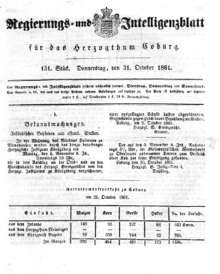 Regierungs- und Intelligenzblatt für das Herzogtum Coburg (Coburger Regierungs-Blatt) Donnerstag 31. Oktober 1861