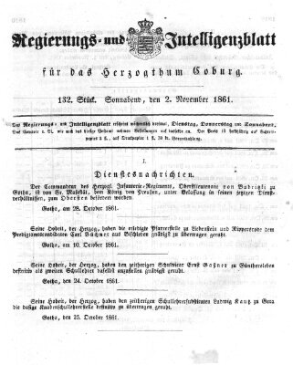 Regierungs- und Intelligenzblatt für das Herzogtum Coburg (Coburger Regierungs-Blatt) Samstag 2. November 1861