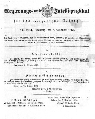 Regierungs- und Intelligenzblatt für das Herzogtum Coburg (Coburger Regierungs-Blatt) Dienstag 5. November 1861