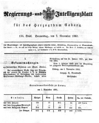 Regierungs- und Intelligenzblatt für das Herzogtum Coburg (Coburger Regierungs-Blatt) Donnerstag 7. November 1861