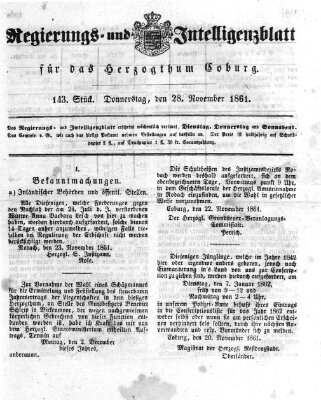 Regierungs- und Intelligenzblatt für das Herzogtum Coburg (Coburger Regierungs-Blatt) Donnerstag 28. November 1861