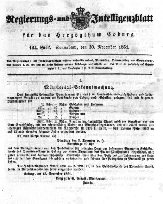 Regierungs- und Intelligenzblatt für das Herzogtum Coburg (Coburger Regierungs-Blatt) Samstag 30. November 1861