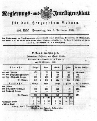 Regierungs- und Intelligenzblatt für das Herzogtum Coburg (Coburger Regierungs-Blatt) Donnerstag 5. Dezember 1861