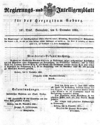 Regierungs- und Intelligenzblatt für das Herzogtum Coburg (Coburger Regierungs-Blatt) Samstag 7. Dezember 1861