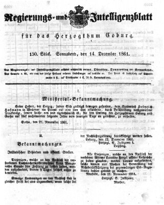 Regierungs- und Intelligenzblatt für das Herzogtum Coburg (Coburger Regierungs-Blatt) Samstag 14. Dezember 1861