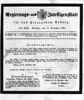 Regierungs- und Intelligenzblatt für das Herzogtum Coburg (Coburger Regierungs-Blatt) Dienstag 17. Dezember 1861