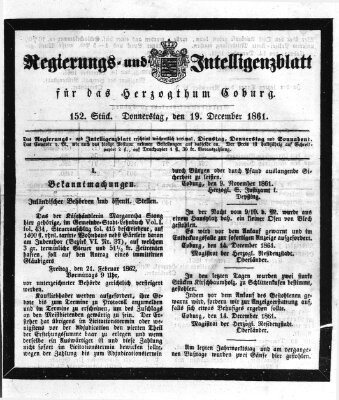 Regierungs- und Intelligenzblatt für das Herzogtum Coburg (Coburger Regierungs-Blatt) Donnerstag 19. Dezember 1861