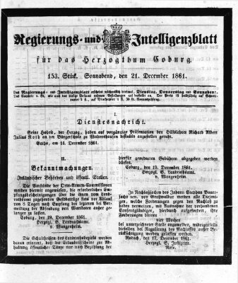 Regierungs- und Intelligenzblatt für das Herzogtum Coburg (Coburger Regierungs-Blatt) Samstag 21. Dezember 1861