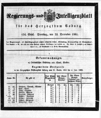 Regierungs- und Intelligenzblatt für das Herzogtum Coburg (Coburger Regierungs-Blatt) Dienstag 24. Dezember 1861