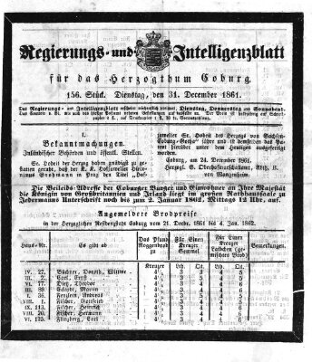 Regierungs- und Intelligenzblatt für das Herzogtum Coburg (Coburger Regierungs-Blatt) Dienstag 31. Dezember 1861