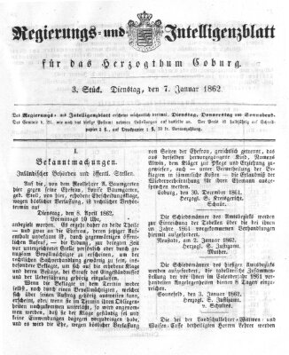 Regierungs- und Intelligenzblatt für das Herzogtum Coburg (Coburger Regierungs-Blatt) Dienstag 7. Januar 1862