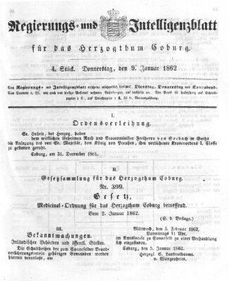 Regierungs- und Intelligenzblatt für das Herzogtum Coburg (Coburger Regierungs-Blatt) Donnerstag 9. Januar 1862