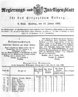 Regierungs- und Intelligenzblatt für das Herzogtum Coburg (Coburger Regierungs-Blatt) Dienstag 14. Januar 1862